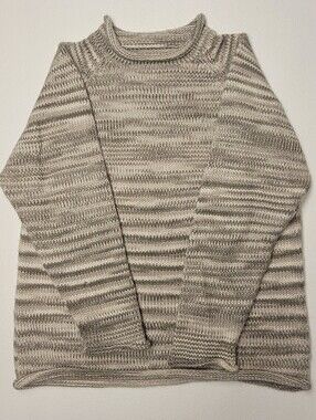 American South Side Alpaca Wool Roll Neck Striped White Gray Sweater L Fisherman
